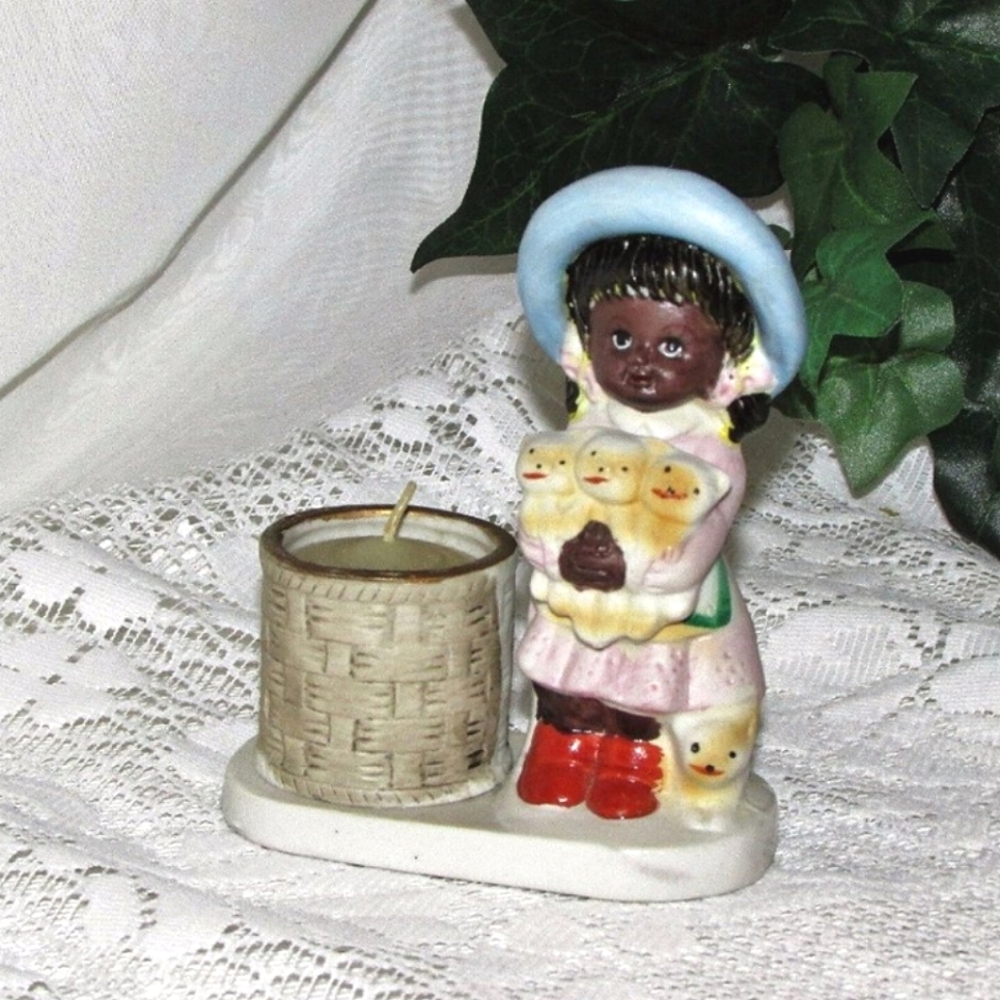 Candle Holder Vintage 1970's Hand Painted Porcelain Figurine Jasco Tawny Tots